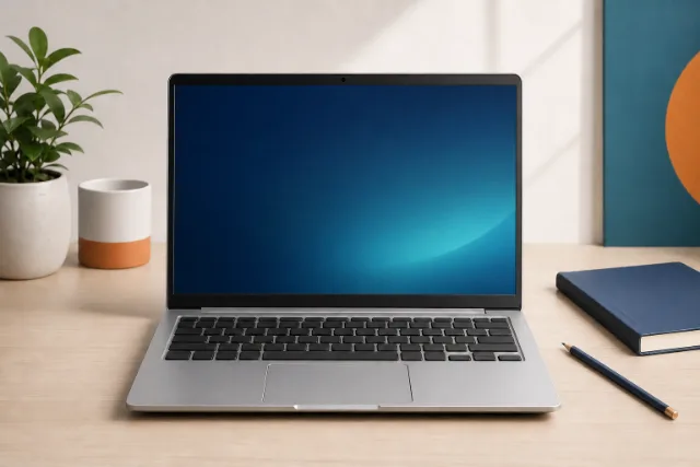 Unbranded everyday laptop arranged for study and routine office work