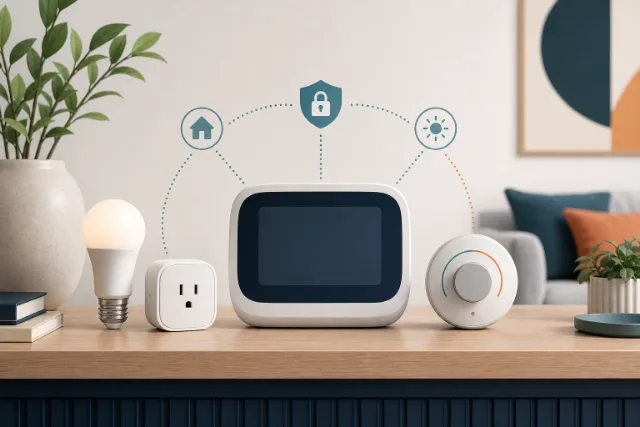 Unbranded smart-home hub, bulb, plug, and thermostat arranged as a starter system