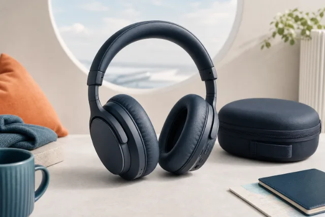 Unbranded over-ear wireless headphones with a travel case
