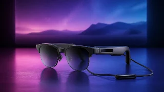 AI-generated editorial concept illustration representing RayNeo Air 2s XR Glasses; not an exact product photograph