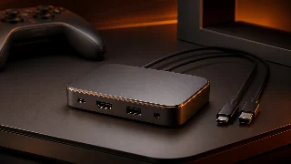 AI-generated editorial concept illustration representing VITURE Pro Mobile Dock; not an exact product photograph