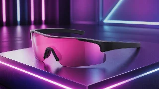 AI-generated editorial concept illustration representing CHAMELO Music Shield Smart Glasses; not an exact product photograph
