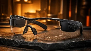 AI-generated editorial concept illustration representing Lucyd Armor Smart Glasses; not an exact product photograph