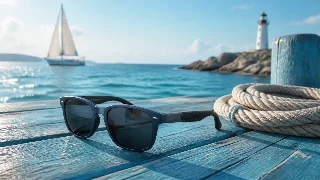 AI-generated editorial concept illustration representing Lucyd Nautica Dockside Smart Glasses; not an exact product photograph
