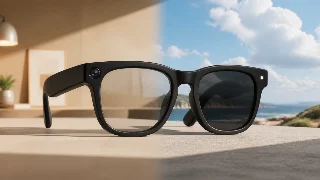 AI-generated editorial concept illustration representing Meta Ray-Ban Wayfarer Large Gen 2 Matte Black with Transitions Clear-to-Grey Lenses; not an exact product photograph