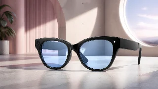 AI-generated editorial concept illustration representing Ray-Ban Meta Skyler Shiny Black with Transitions Cerulean Blue; not an exact product photograph
