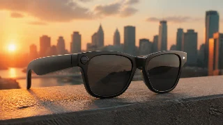 AI-generated editorial concept illustration representing Ray-Ban Meta Wayfarer Gen 1 Matte Black with Polarized Gradient Graphite Lenses; not an exact product photograph