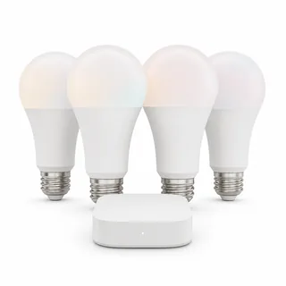 Synthetic editorial illustration for Philips Hue White and Color Ambiance 75W Starter Kit; not an exact product photograph