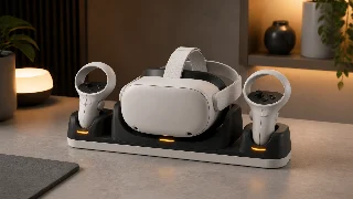 AI-generated editorial concept illustration representing DOBE Charging Dock for Meta Quest 3 and 3S; not an exact product photograph