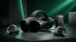 AI-generated editorial concept illustration representing HTC VIVE XR Elite Headset and Controllers; not an exact product photograph