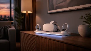 AI-generated editorial concept illustration representing Meta Quest 3 Charging Dock; not an exact product photograph