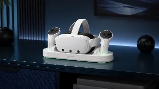 AI-generated editorial concept illustration representing NexiGo Enhanced Charging Dock for Quest 3 and 3S; not an exact product photograph
