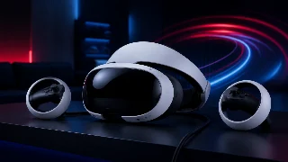 AI-generated editorial concept illustration representing PlayStation VR2; not an exact product photograph